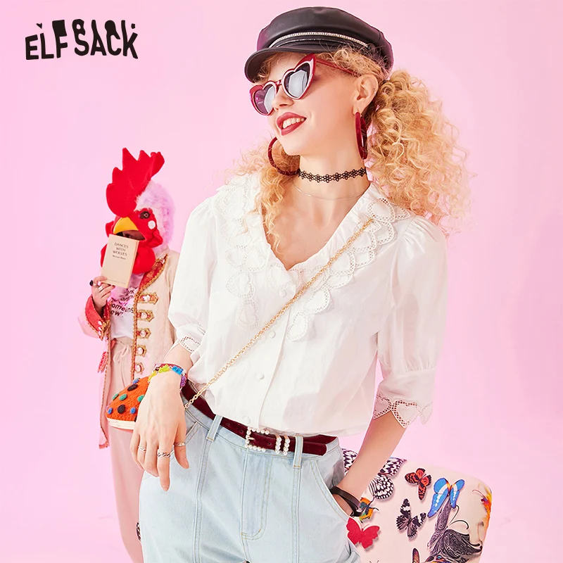 

ELF SACK Elegant White Cotton Women Blouses Fashion V-Neck Solid Office Lady Shirts Sweet Puff Sleeve Basis Female Blouse Tops