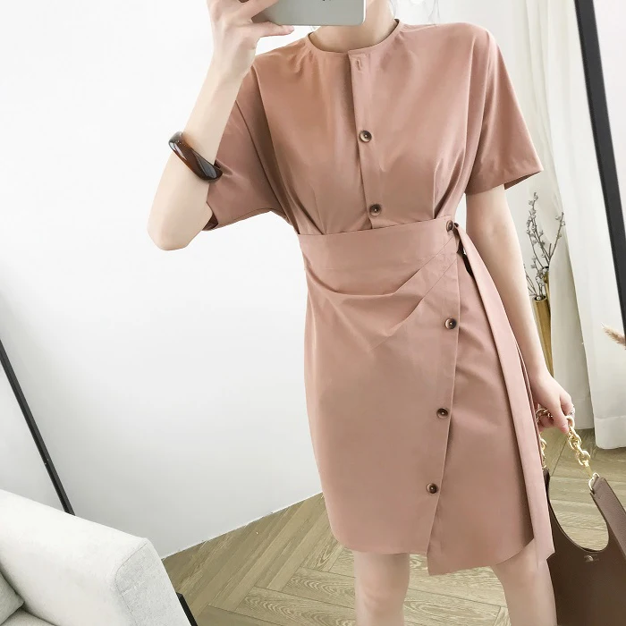 Summer Dress Women Female Vintage Glegant Woman Short Sleeve Button Asymmetrical Dresses | Женская одежда