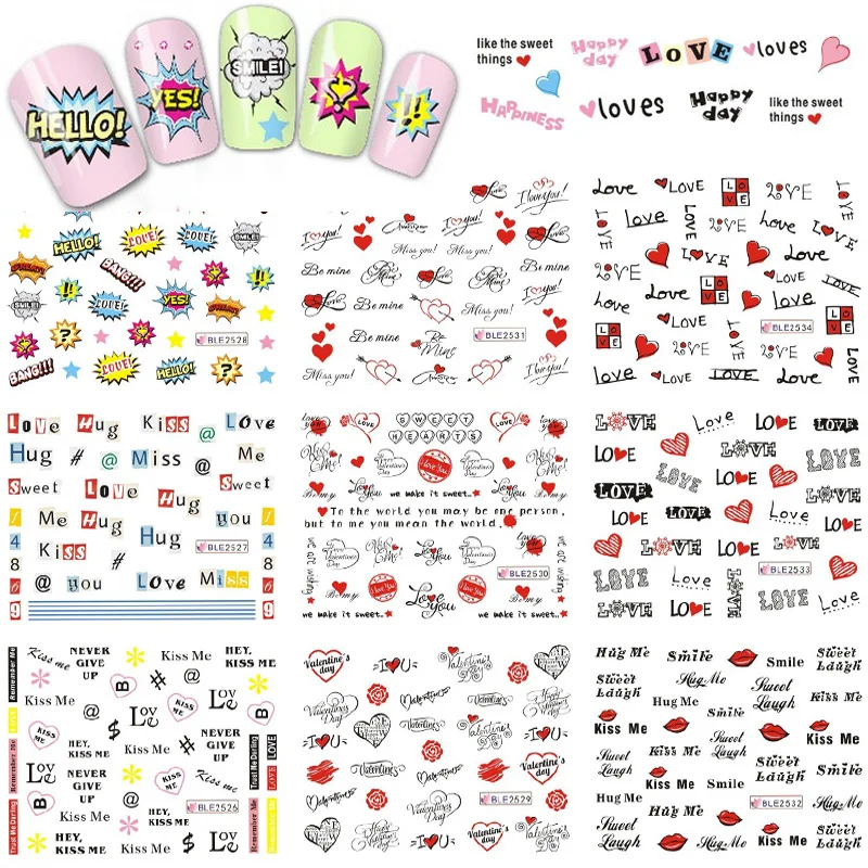 

1 Sheet Love Heart Letter Nail Art Decals Water Transfer Nail Stickers Manicure Decor Sweet Decal Valentine's Day BEBLE2524-2534