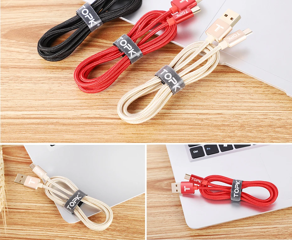 TOPK Micro USB кабель с нейлоновой оплеткой, провод с металлической вилкой, кабель для синхронизации данных и зарядки, кабель для зарядки Microusb для samsung, Xiaomi, huawei, htc