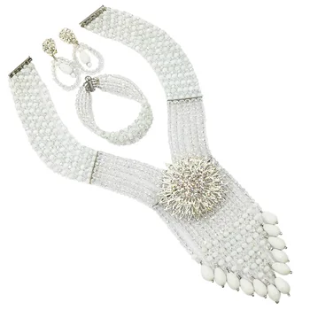 

New Fashion White Transparent Crystal Bead Multi Strands Necklace Nigerian Wedding African Beads Jewelry Set 6C-SDLS-002