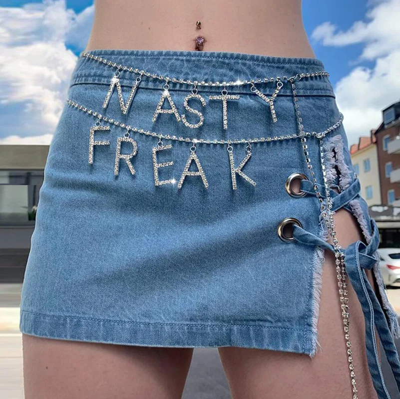 

Exclusive harajuku PUNK Rhinestone letter sexy party beach body chain body jewelry NASTY freak waist chain hip hop jewelry