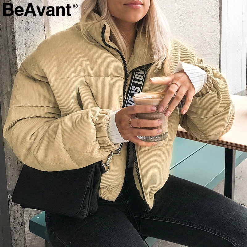 

BeAvant Khaki corduroy winter jacket women coat Warm padded parka jacket 2018 Streetwear casual short jacket autumn overcoat