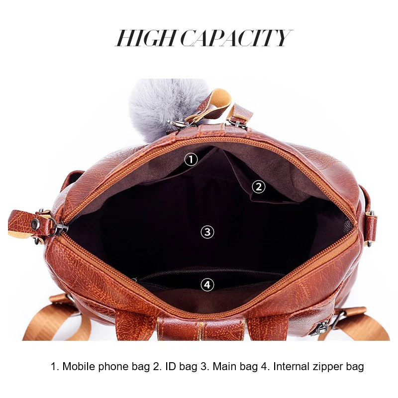 Женский рюкзак, коричневый, черный, модная женская сумка через плечо, кожа, большая емкость, водонепроницаемый рюкзак с украшения для волос шар