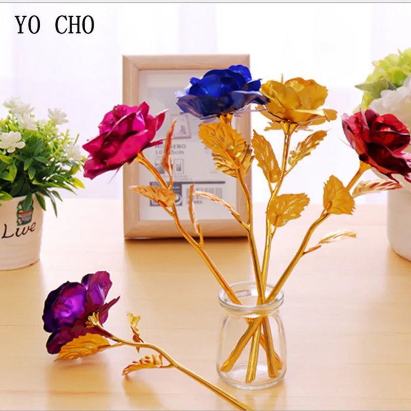 YO CHO 24 K Gold Foil Roses Artificial Flowers Home Decoration Mother's Day Big Flower Heads With Stem Anniversary Gift Flower