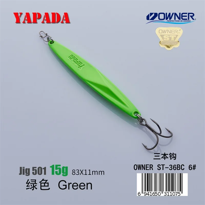 YAPADA джиггинг 501 военный копье 10 г/15 г владелец тройной крючок 73 мм/83 мм перо Многоцветный Металлический цинковый сплав рыболовные приманки - Цвет: Green 15g