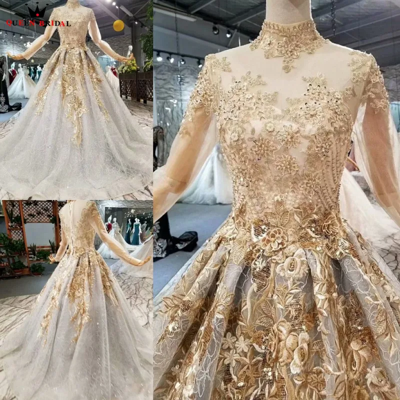 

Gray Vintage A-line Evening Dresses Long Sleeve Crystal Beaded Flowers Sequins 100% Real Photo Robe De Soiree Party Dress DW04