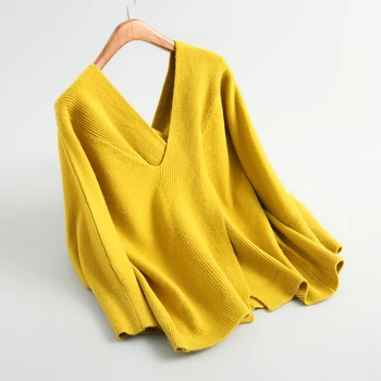 

autumn women's sweater casual solid color V-neck split loose sweater