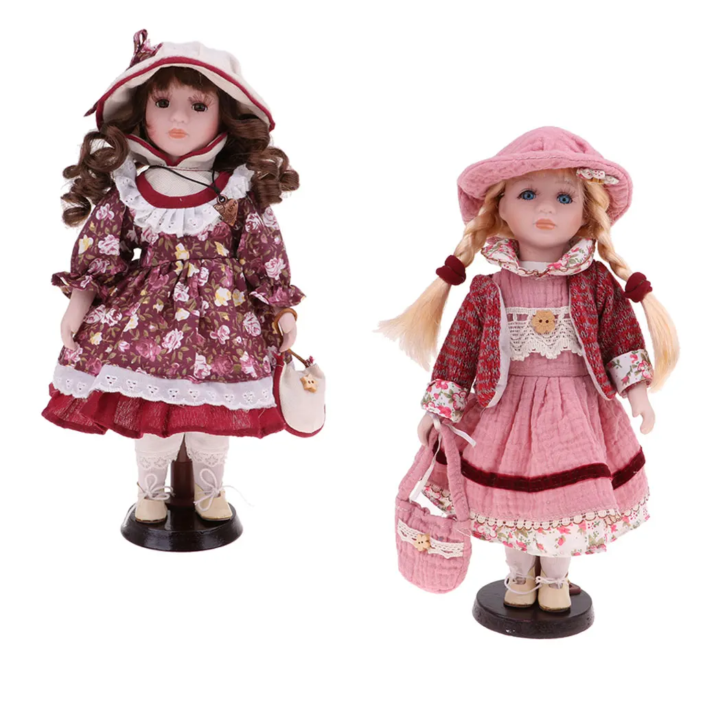 2Pcs 30cm Victorian Porcelain Doll with Dress Set & Wooden Stand Home Display Decoration