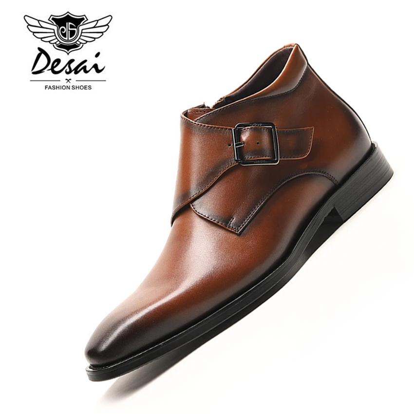

Hot Genuine Leather Ankle Chelsea Boots Men Business Dress England Style Pointy Martin Boots Male Quality Formal Buckle Boot New