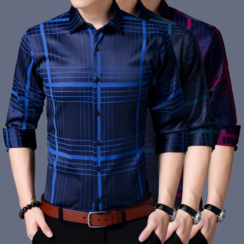 

2018 Casual Striped Men Shirts Slim Fit Male Social Shirts 3XL Brand Long Sleeve Business Shirt Men Clothes
