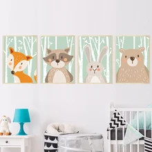 Лес милая картина с рисунком животных Художественная печать и плакат для детской стены картина Дети Детская комната Домашний декор лиса кролик медведь Жираф