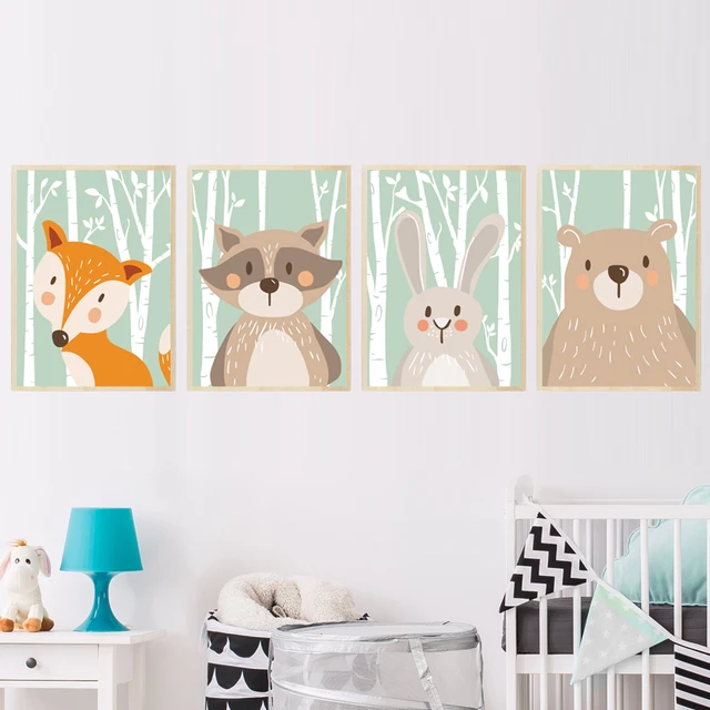 forest cute animals fox rabbit bear giraffe canvas painting art