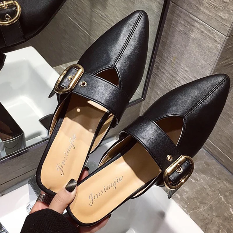 

Women Mules Buckle Low Heel Ladies Slippers Outdoor Summer Mule Shoes Woman Pointed Toe Slides Sandal Leather Zapatos Mujer
