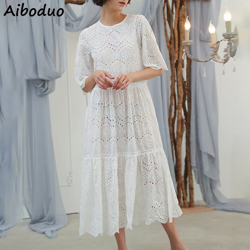 

New 2019 Solid Cotton Korean Style White Long Dresses Women Short Sleeve Dress Loose Style Hollow Out Dress with Natural Waist