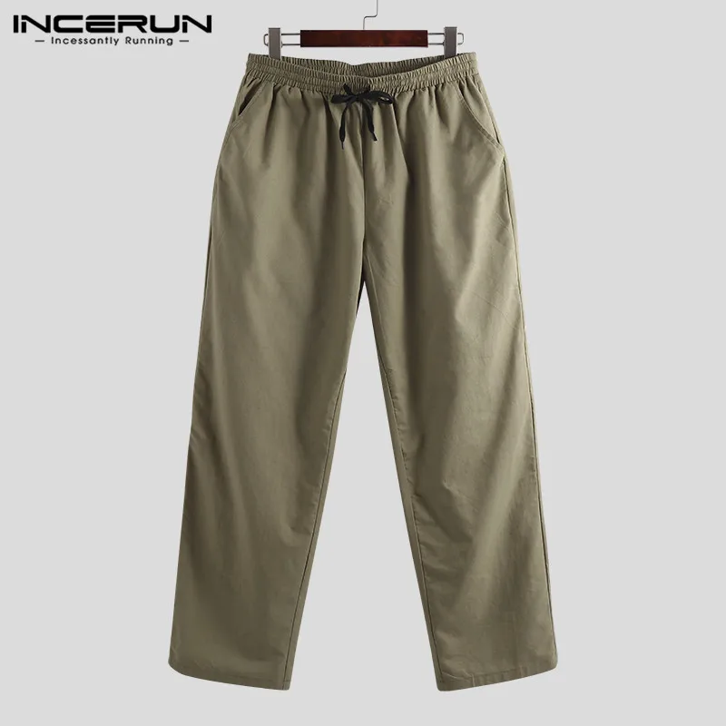 INCERUN/модные мужские Штаны для бега, хлопковые однотонные свободные брюки на шнурке, мужские повседневные спортивные штаны, прямые штаны, уличная одежда