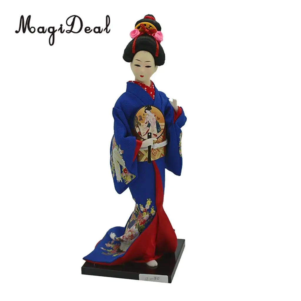 12inch Japanese Kimono Geisha Dolls Kokeshi Crafts Decoration Dark Blue Clothes