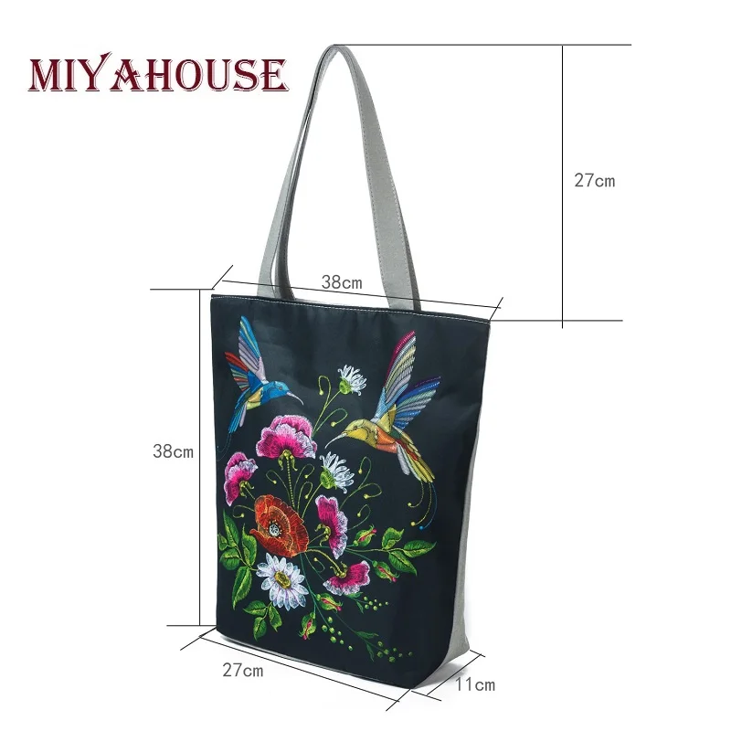 Miyahouse الملونة الزهور و الطيور طباعة حقيبة كتف المرأة Lmitation التطريز عارضة حقيبة يد الإناث قماش سيدة حقيبة يد