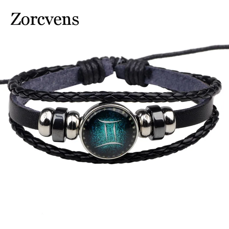 

ZORCVENS Black Leather 12 Constellation Zodiac Sign with beads zodiac leather bracelet