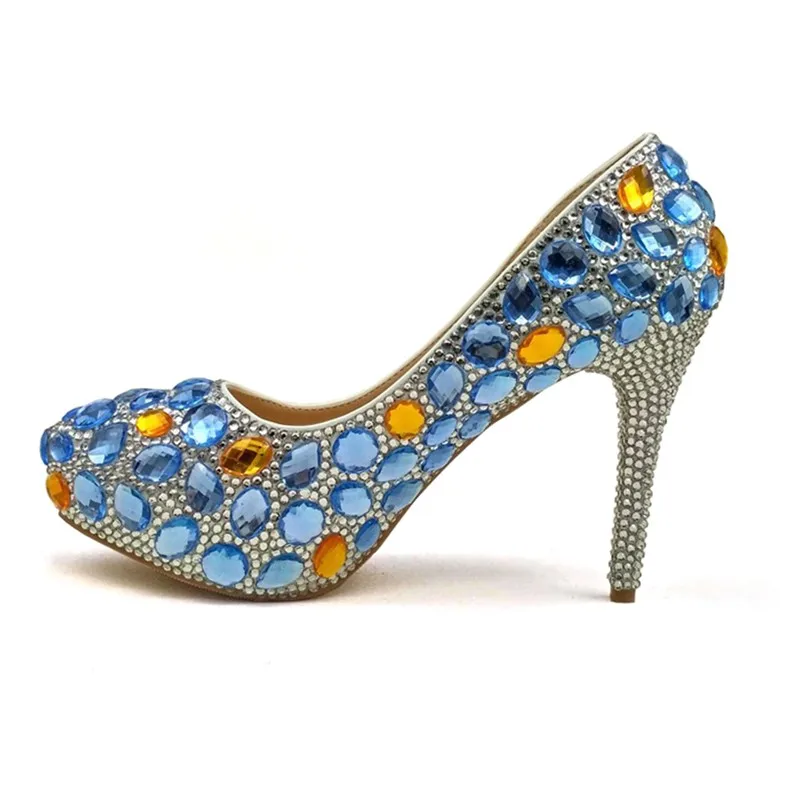 Вечерние туфли Золушки ручной работы с голубыми кристаллами и клатчем на заказ Разноцветные свадебные туфли с подходящей сумкой