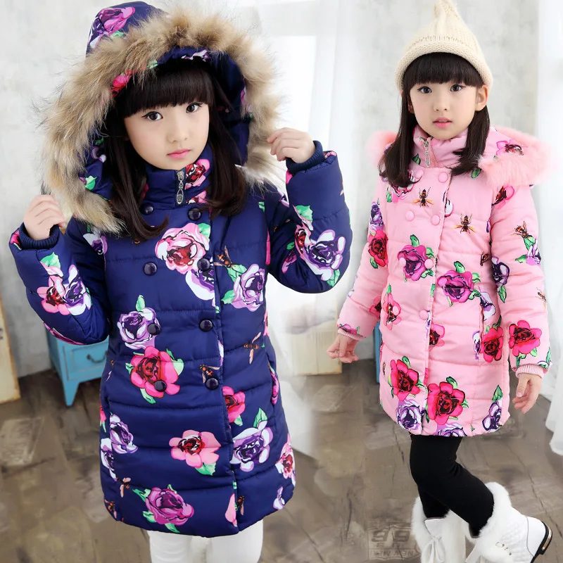 

Floral Down Jacket for Girls Winter Coat Long Sleeve Clothes Autumn Hooded Park for Girl Jacket WindProof Children Kids Clothes