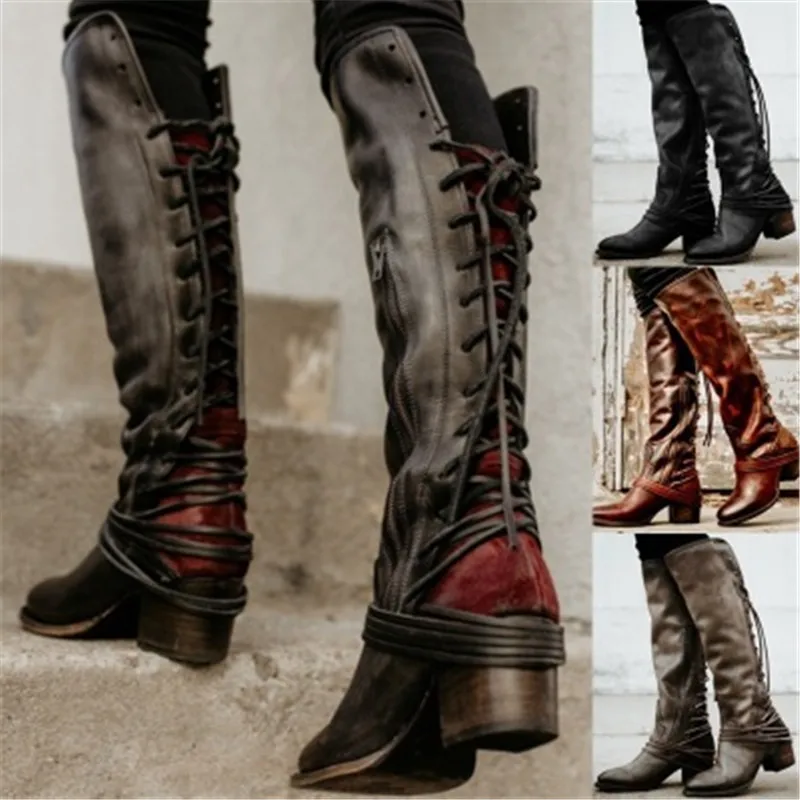 

Women Knee-High Boots Slip on Spring autumn Shoes Thin High Heel Round Toe All Match Women Boots plus Size 34-43 black Brown