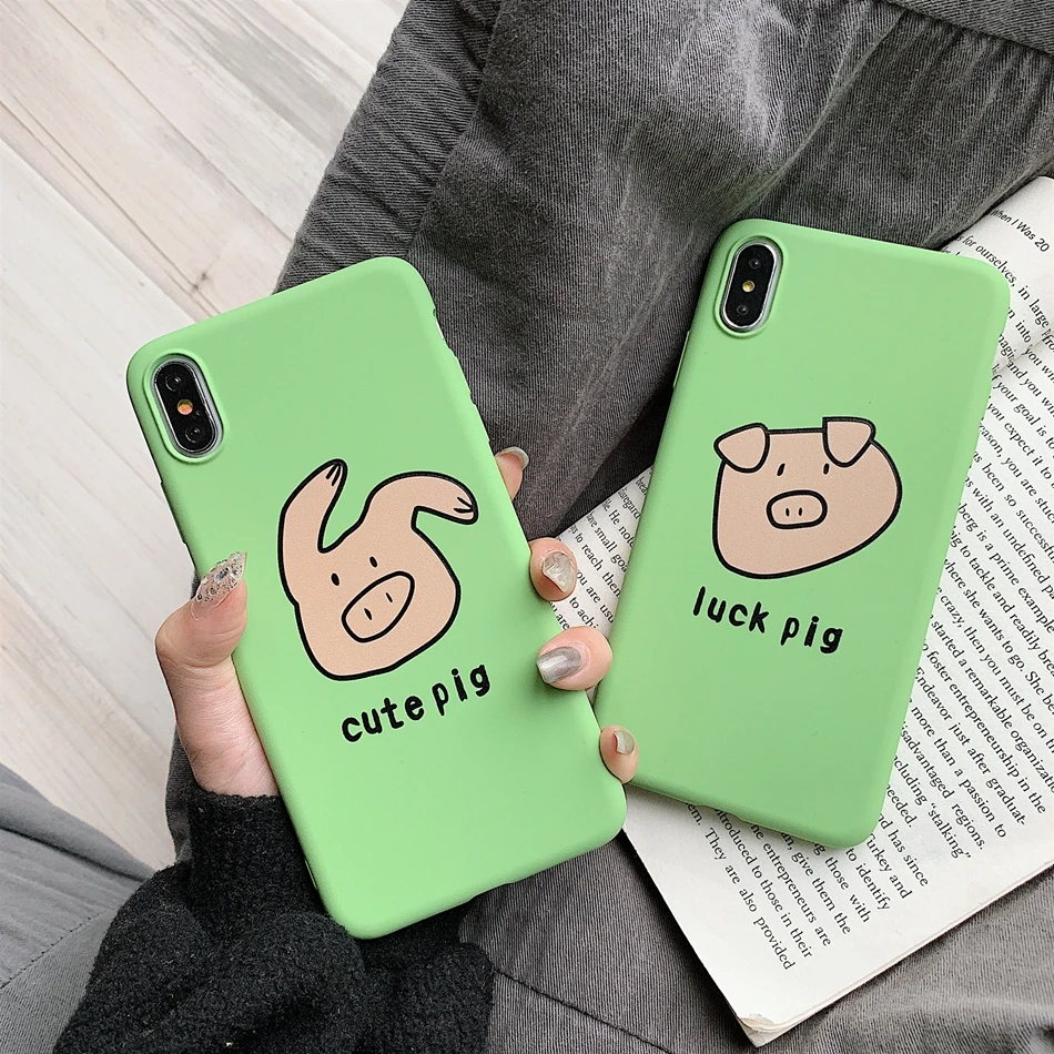 

For iPhone 7 Plus X XR XS Max Green Case Cute Cartoon Piggy Pattern Phone Case For iPhone 8 6 Plus 5s se Soft TPU Print Cover