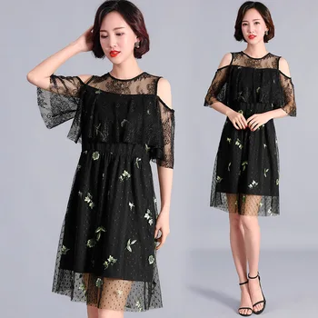 

Women Summer elegant midi dress High end mesh embroidery empire ruffled off the shoulder dress vestidos beautiful party dress5XL