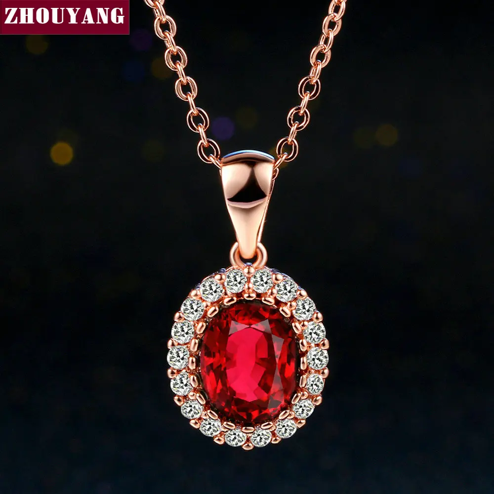 

Elegant Rose Gold Color Created Red Crystal Red Crystal Pendant Necklace CZ For Women Wedding Party Top Quality ZYN308