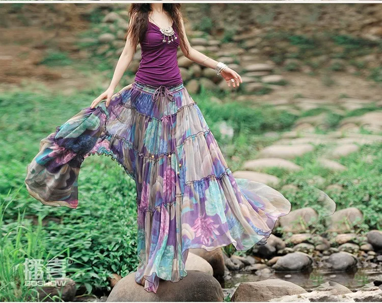 COLOREE каникулы бохо высокая талия плиссированная длинная юбка летняя женская элегантная с цветочным принтом шифоновая юбка макси Saias Longas