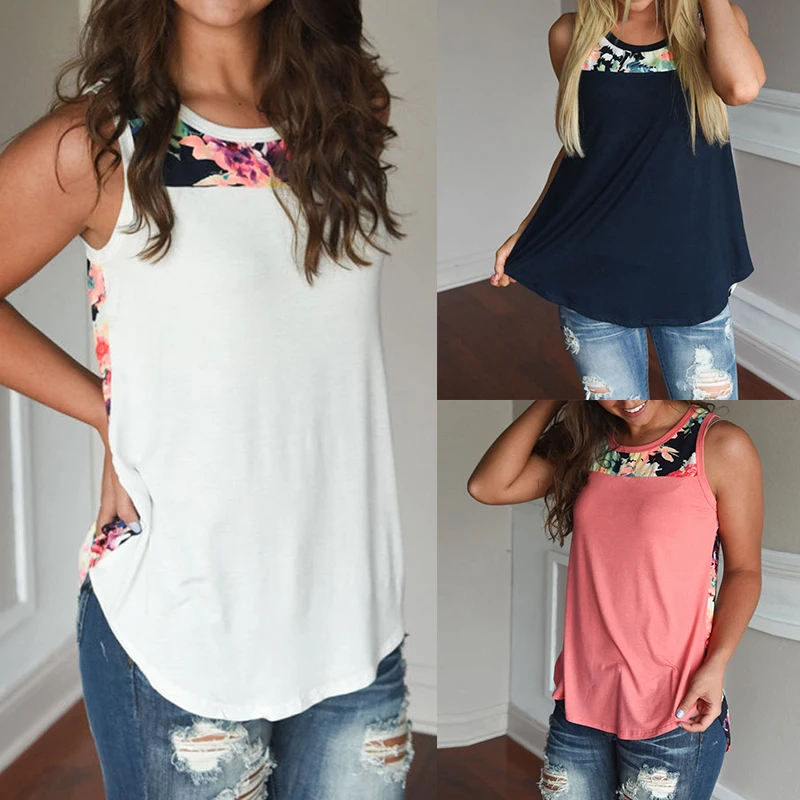2019 Women Floral Printed T-shirt Womens Casual Loose Patchwork Tank Tops Ladies Summer Sleeveless Top Women's Clothes Plus Size