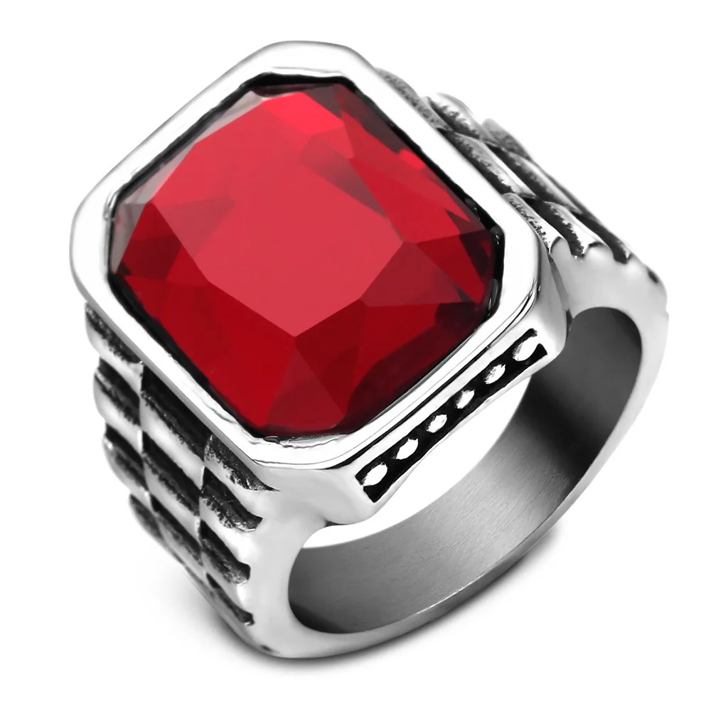 

Punk Gothic Titanium Stainless Steel Ring Red Natural Stone Square Mens Signet Antique Rings Vintage Jewelry