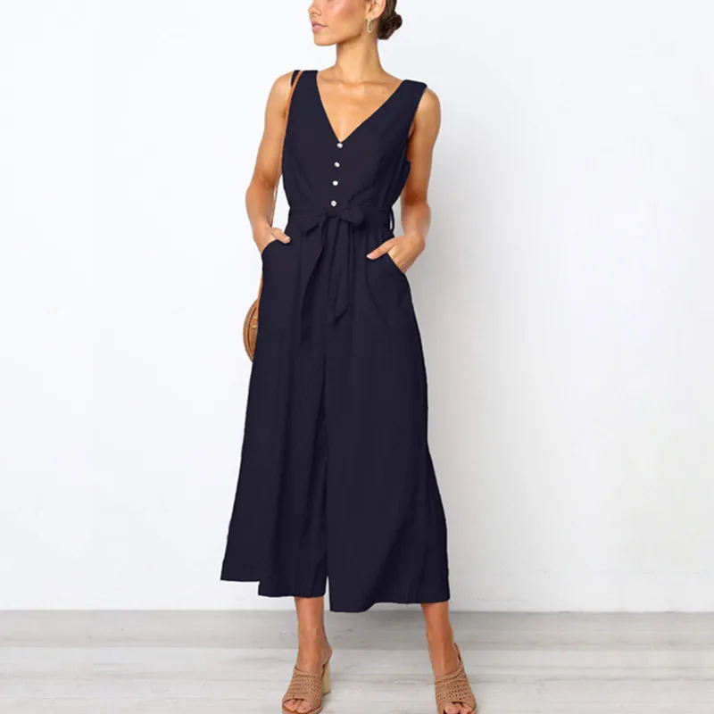 yashangyi One Piece Jumpsuit Women 2019 Summer Button Rompers Femme V-Neck Sleeveless Backless Clothing Overalls With Belt