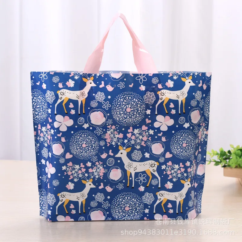 

Big Size Elk Print Plastic Shopping Bags With Handle Blue Plastic Gift Bags Packaging Clothes Bags With Handle Pouches 10pcs