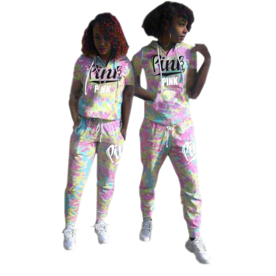

2019 Pink Letter Print Tracksuits Women Two Piece Set Spring Street t-shirt Tops and Jogger Set Suits Casual 2pcs Outfits