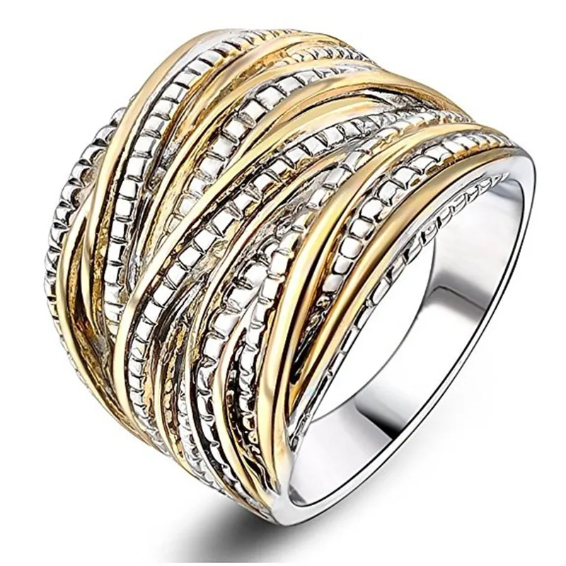 

Vintage Golden Textured Ring New Antique Mosaic Multilayer Silver Gold Color Cross Double X Ring Women Finger Luxury Bijoux