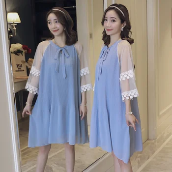 

2019 new maternity dress chiffon mesh stitching short-sleeved pleated maternity dress summer pregnancy dress