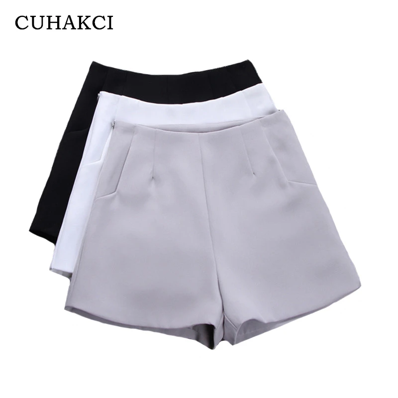 CUHAKCI High Waist Wide Leg Shorts Summer Shorts Women Fashion Style Casual Shorts Black Gray White Vintage Pockets Solid Color