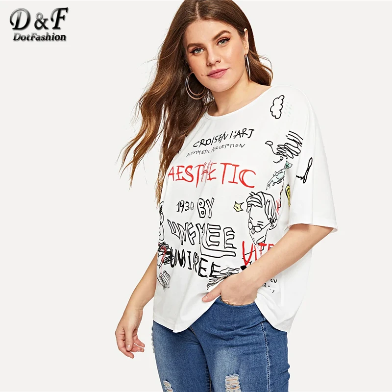 Dotfashion زائد حجم الأبيض إلكتروني و الكرتون تي شيرت مطبوع السيدات الصيف قمم للمرأة 2019 عارضة ملابس بأكمام قصيرة المحملة Dotfashion زائد حجم الأبيض إلكتروني و الكرتون تي شيرت مطبوع السيدات الصيف قمم للمرأة 2019 عارضة ملابس بأكمام قصيرة المحملة