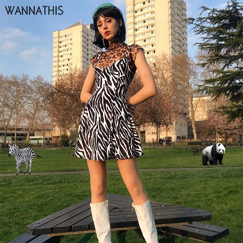 

WannaThis Black And White O-Neck Zebra Print Sexy Mini Dresses Sleeveless Off Shoulder Spaghetti Strap Backless Slim Party Dress