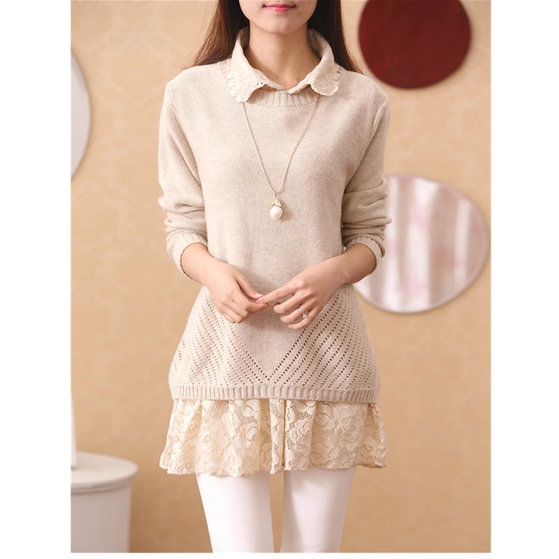 2018 Autumn/Winter New Long Loose Lace Pachwork Lapels Sweater Women Long Sleeves Knit M-3XL Female Jumper Bow Hollow Back