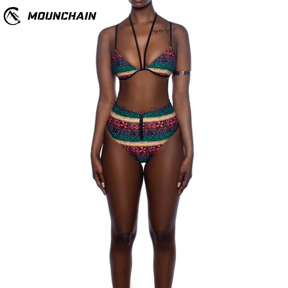 

2019 Bathing Suit Women Stripe Printing Bra High Waist Shorts Bikini Padded Swimming Suit