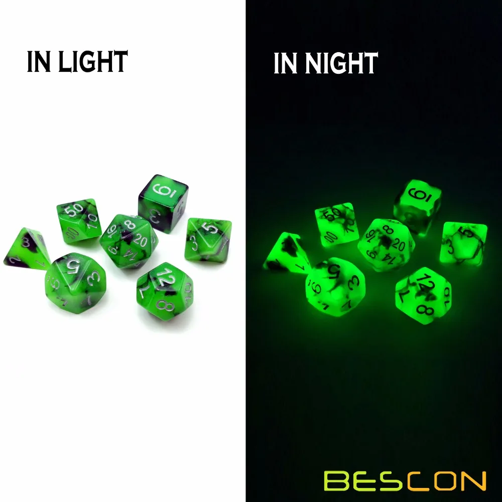 Bescon двухцветные Светящиеся в темноте полигедрические игральные кости набор