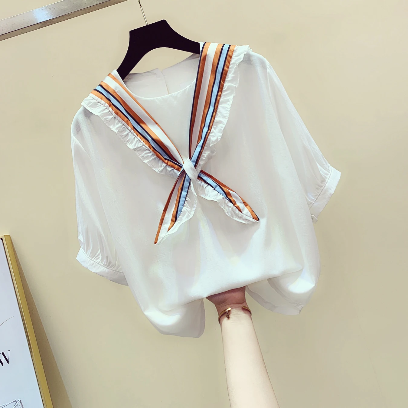  Ruffles Shirt Female Summer New Doll Neckline Bow Tie Loose Short Sleeved Chiffon Blouse Shirts Stu