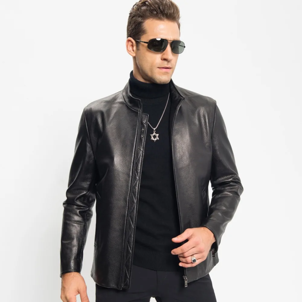 Short Leather Jacket Men Casual Genuine Sheepskin Leather Coat Autumn ...