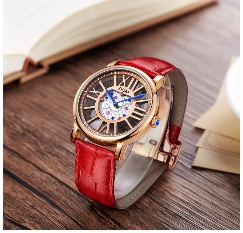 DOM люксовый бренд часы водонепроницаемый стиль кожа Золотой Скелет кварцевые часы для женщин G-1031
