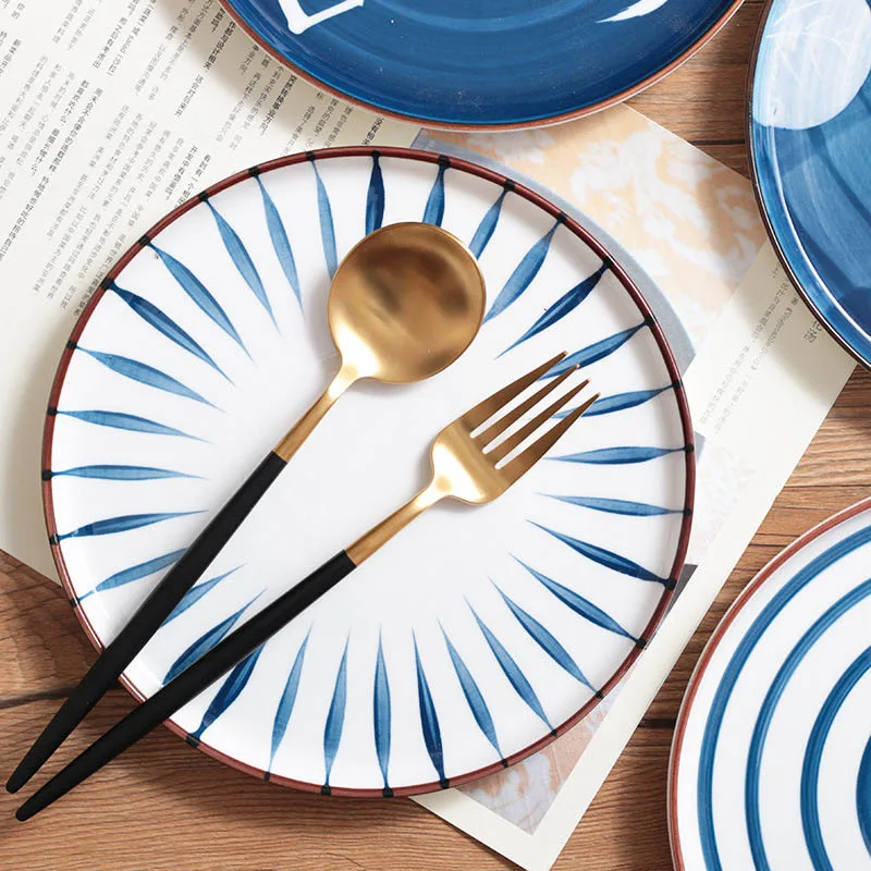 

Ceramic Steak Spaghetti Tray Western Food Serving Dishes Hand-painted Round Plate Retro Dinnerware Dessert Flat Plate 1pcs