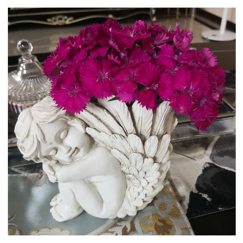 

Outdoors Retro Boy Girls Cupid Angel Vase Ornament Flower Pot Goddess Little Fairy Big Wing Figurines Resin Crafts Decoration