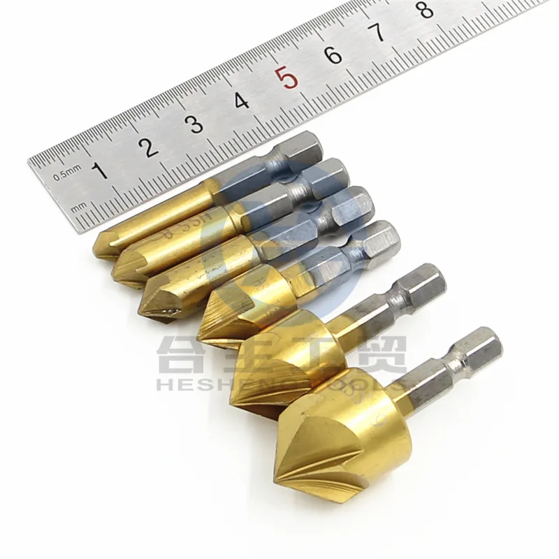 Hex Shank Titanium Plated Five-edge Chamfering Knife Reaming Chamfering Machine 12mm16mm19mm Wood Boring Drill Sleeve