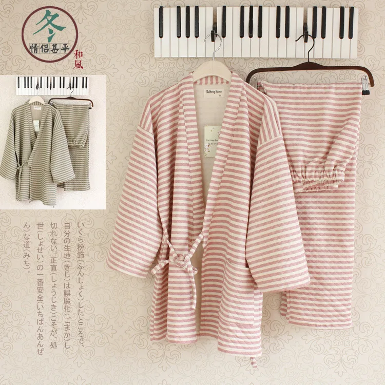 Японские пижамы Наборы для ухода за кожей кимоно юката Полосатый Зима теплый утолщение хлопок Халаты пары платье Японии халат одежда для